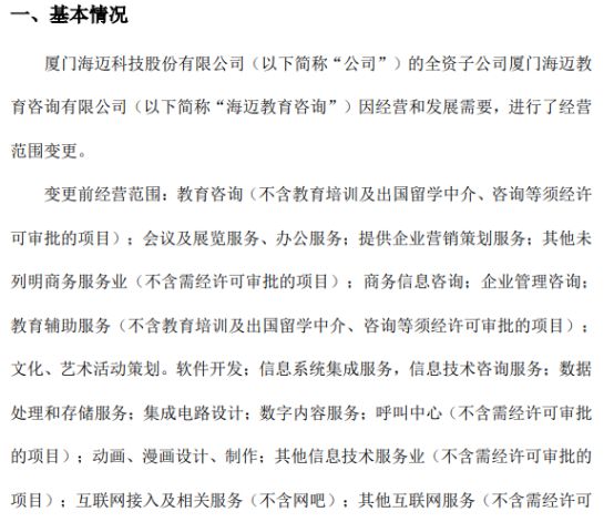 海邁科技旗下海邁教育咨詢經營范圍變更，信息系統集成服務成新亮點，2021年公司凈利潤達353.05萬元